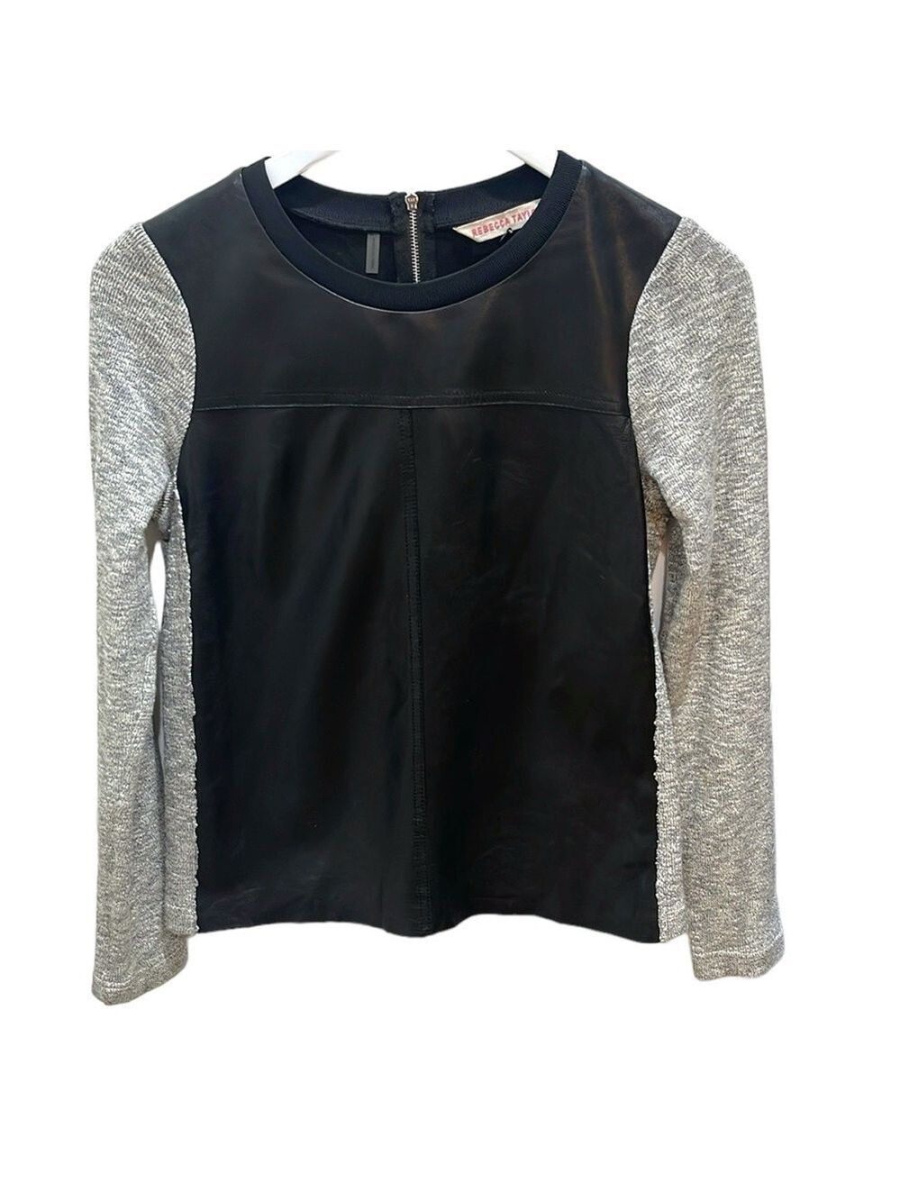 Rebecca Taylor Lamb Leather Knit Crew Neck Sweater Black Grey SZ XS
